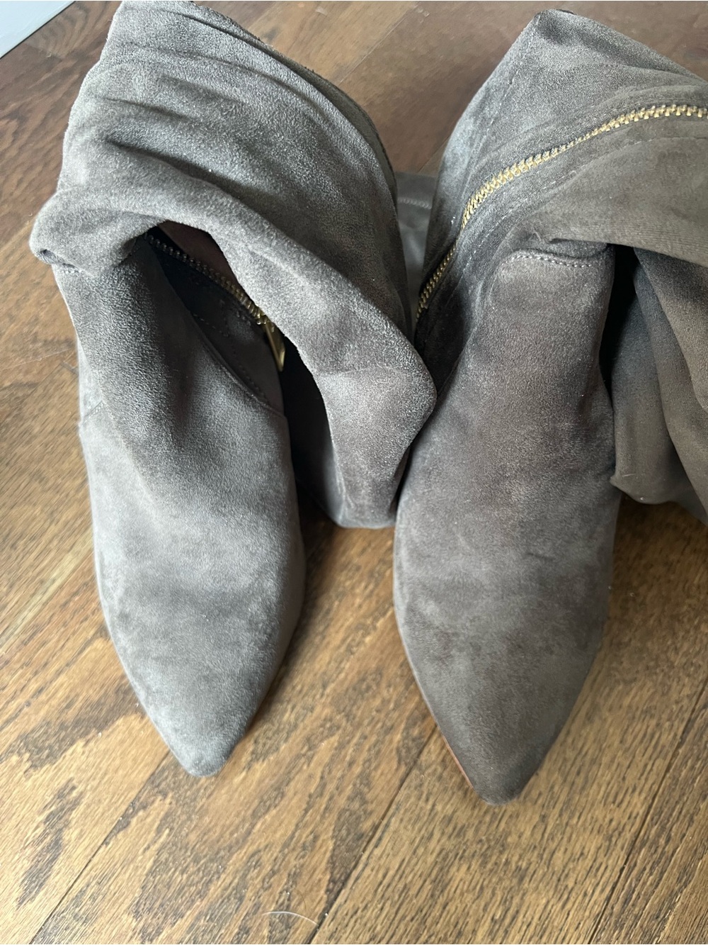 Joie Gray Suede Pointed-Toe Ankle Boots with Gold Zipper